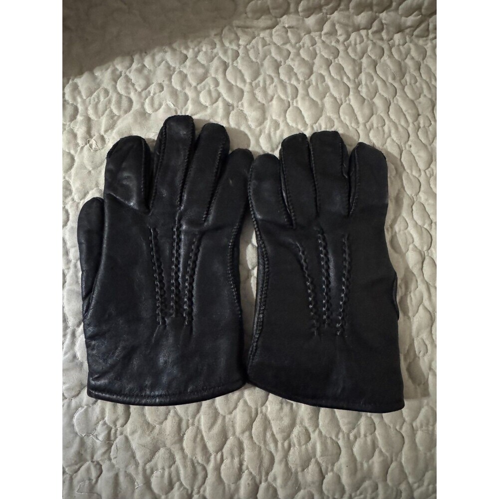 VTG Black Leather Fur Lined Winter Gloves Men's Small 8-8.5 Whipstitch Accent